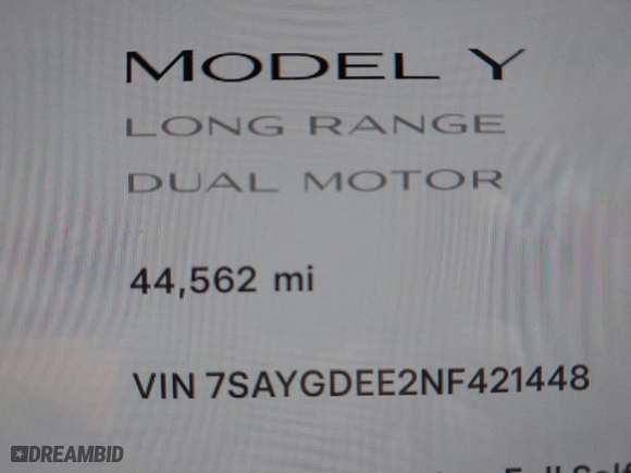 2022 Tesla Model Y Long Range with VIN 7SAYGDEE2NF421448, listed as a IAAI auction lot 41619301 with 44,562 mi miles. Bid and sale history available at carsss.com. Image 15.