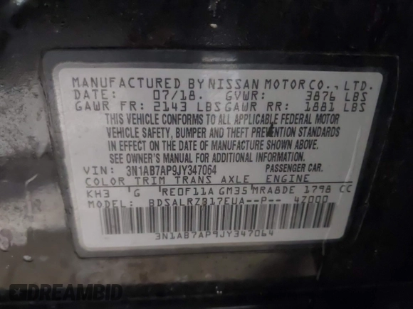 2018 Nissan Sentra SV with VIN 3N1AB7AP9JY347064, listed as a IAAI auction lot 41380225 with 140,989 mi miles and . Bid and sale history available at DreamBid. Image 9.