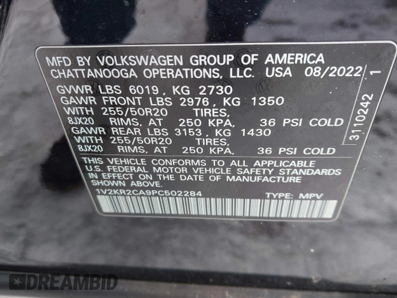 2023 Volkswagen Atlas SE z VIN 1V2KR2CA9PC502284, wystawiony jako IAAI lot #41614137 z przebiegiem 19 122 mil mil oraz . Historia ofert i sprzedaży dostępna na DreamBid. Obrazek 9.