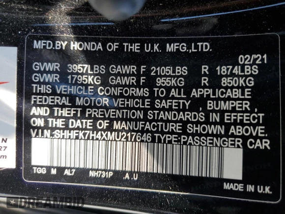2021 Honda Civic Sport with VIN SHHFK7H4XMU217646, listed as a Copart auction lot 52574945 with 77,731 mi miles and Salvage Title. Bid and sale history available at DreamBid. Image 14.