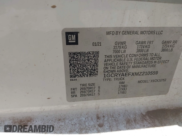 2021 Chevrolet Silverado 1500 Work Truck with VIN 1GCRYAEFXMZ210559, listed as a IAAI auction lot 42002749 with 95,787 mi miles and . Bid and sale history available at DreamBid. Image 9.