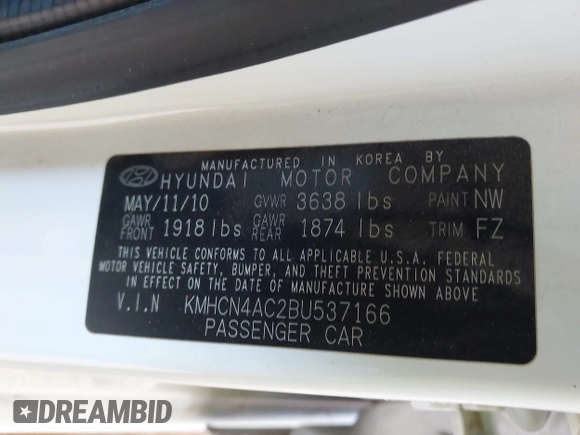 2011 Hyundai Accent GLS with VIN KMHCN4AC2BU537166, listed as a IAAI auction lot 41754923 with 134,660 mi miles and . Bid and sale history available at DreamBid. Image 9.