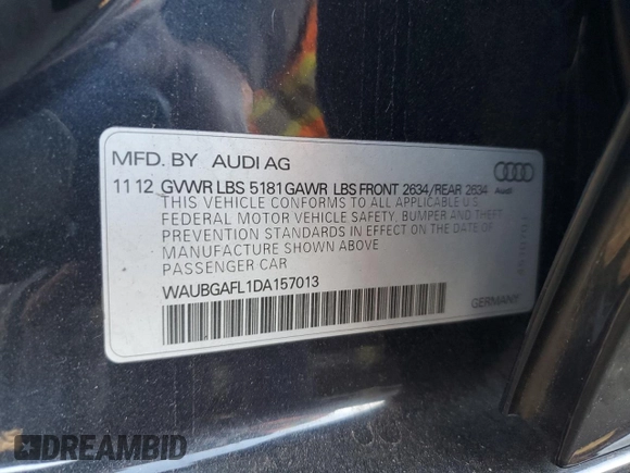 2013 Audi S4 Premium Plus with VIN WAUBGAFL1DA157013, listed as a Copart auction lot 80923914 with 91,221 mi miles and Salvage Title. Bid and sale history available at DreamBid. Image 14.