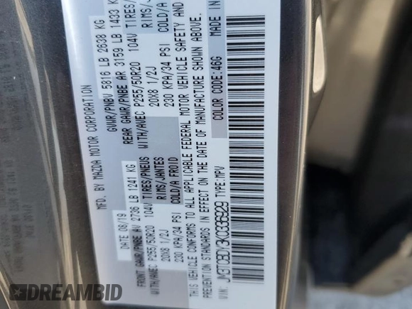 2019 Mazda CX-9 Grand Touring with VIN JM3TCBDY3K0336929, listed as a Copart auction lot 52980005 with 70,878 mi miles and Salvage title. Bid and sale history available at DreamBid. Image 13.