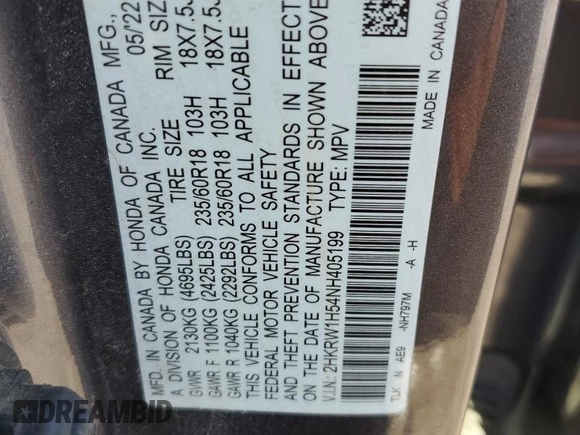 2022 Honda CR-V EX z VIN 2HKRW1H54NH405199, wystawiony jako Copart lot #71213234 z przebiegiem 40 948 mil mil oraz Szkoda całkowita • Salvage title. Historia ofert i sprzedaży dostępna na DreamBid. Obrazek 15.