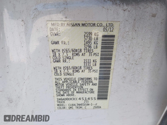2012 Nissan Frontier SL with VIN 1N6AD0ER3CC451455, listed as a IAAI auction lot 41944964 with 143,054 mi miles and . Bid and sale history available at DreamBid. Image 9.