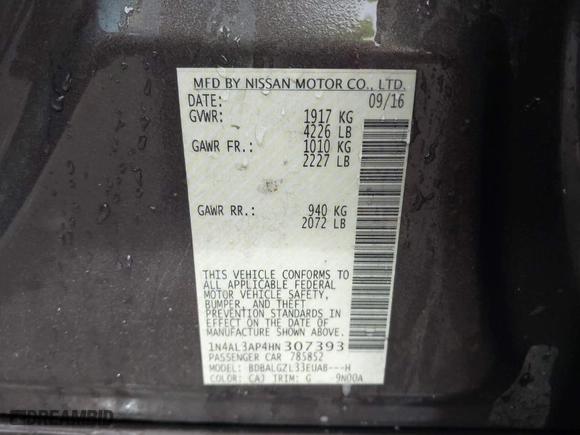 2017 Nissan Altima 2.5 S with VIN 1N4AL3AP4HN307393, listed as a IAAI auction lot 41834070 with 161,357 mi miles. Bid and sale history available at carsss.com. Image 9.