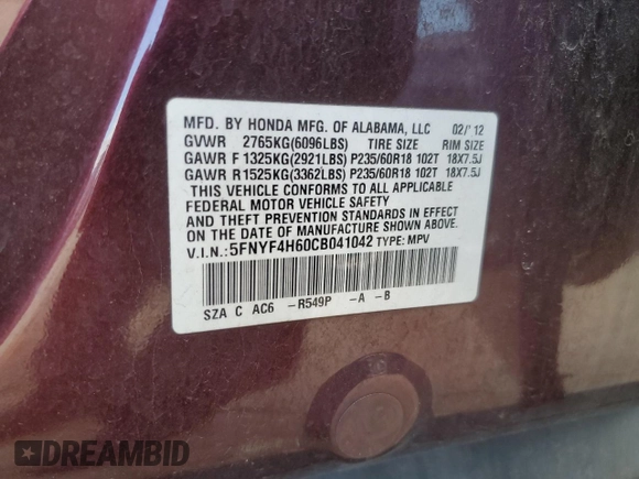 2012 Honda Pilot EX-L with VIN 5FNYF4H60CB041042, listed as a Copart auction lot 46804105 with 174,115 mi miles and Salvage Title. Bid and sale history available at DreamBid. Image 14.