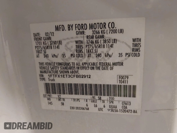 2012 Ford F-150 XL with VIN 1FTFX1ET3CFB02912, listed as a IAAI auction lot 41365648 with 105,375 mi miles. Bid and sale history available at carsss.com. Image 9.