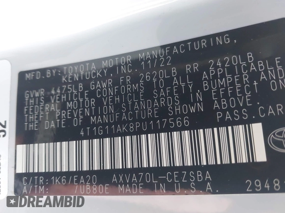 2023 Toyota Camry SE with VIN 4T1G11AK8PU117566, listed as a IAAI auction lot 41517480 with Not Provided miles and . Bid and sale history available at DreamBid. Image 9.