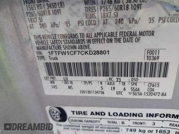 2012 Ford F-150 XL with VIN 1FTFW1CF7CKD28801, listed as a IAAI auction lot 41736499 with 166,001 mi miles. Bid and sale history available at carsss.com. Image 9.