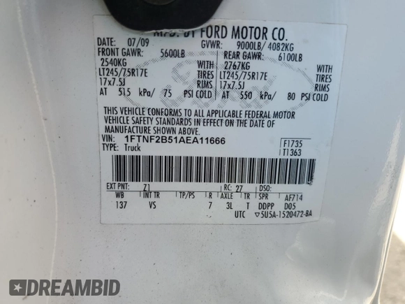 2010 Ford F-250 XL with VIN 1FTNF2B51AEA11666, listed as a Copart auction lot 53383055 with 79,920 mi miles and Salvage title. Bid and sale history available at DreamBid. Image 12.
