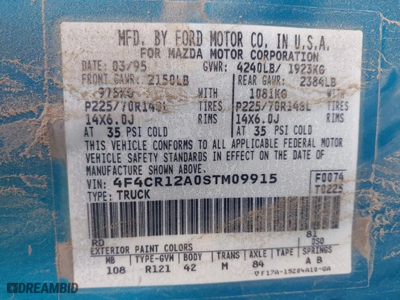 1995 Mazda B-Series 2WD Truck with VIN 4F4CR12A0STM09915, listed as a IAAI auction lot 41773728 with NaN miles. Bid and sale history available at carsss.com. Image 9.