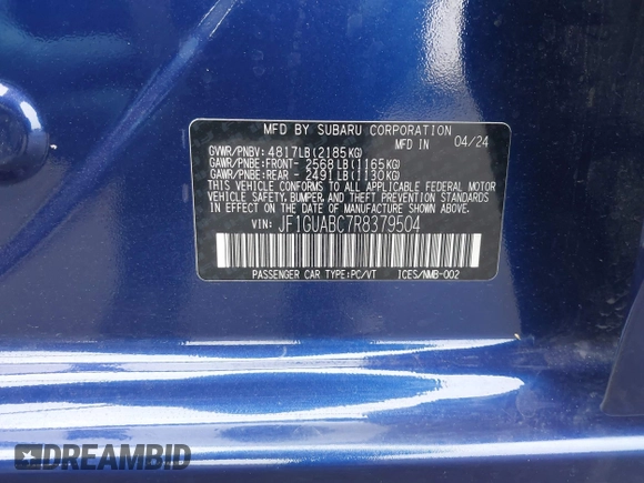 2024 Subaru Impreza with VIN JF1GUABC7R8379504, listed as a IAAI auction lot 42172088 with 14,521 mi miles and . Bid and sale history available at DreamBid. Image 9.