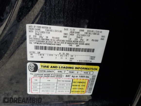 2022 Ford Expedition Max XLT with VIN 1FMJK1HT9NEA61985, listed as a Copart auction lot 76666394 with 54,866 mi miles and Salvage title. Bid and sale history available at DreamBid. Image 13.