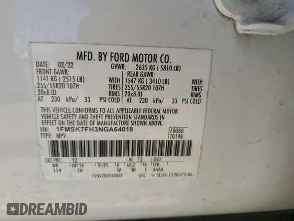 2022 Ford Explorer Limited with VIN 1FMSK7FH3NGA64018, listed as a Copart auction lot 51852355 with 54,665 mi miles and Salvage Title. Bid and sale history available at carsss.com. Image 13.