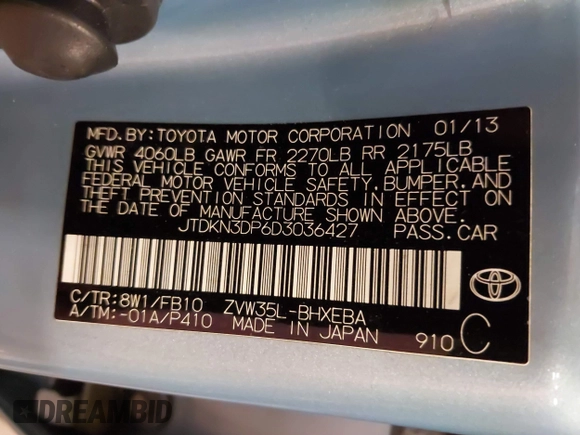 2013 Toyota Prius with VIN JTDKN3DP6D3036427, listed as a IAAI auction lot 41883540 with 173,781 mi miles and . Bid and sale history available at DreamBid. Image 9.