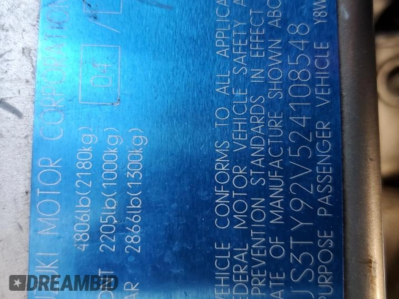 2002 Suzuki XL7 Standard z VIN JS3TY92V524108548, wystawiony jako Copart lot #56304705 z przebiegiem 288 201 mil mil oraz Nie do naprawy • Non repairable. Historia ofert i sprzedaży dostępna na DreamBid. Obrazek 14.