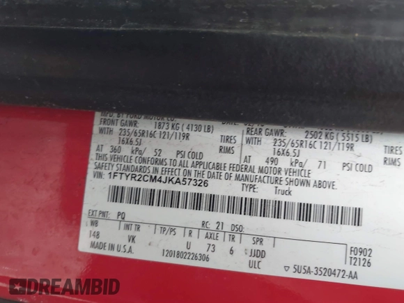2018 Ford Transit with VIN 1FTYR2CM4JKA57326, listed as a IAAI auction lot 41675886 with 127,652 mi miles and . Bid and sale history available at DreamBid. Image 9.