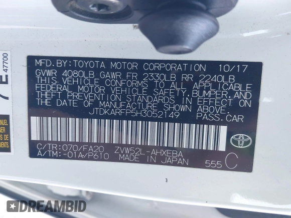 2017 Toyota Prius Plus z VIN JTDKARFP5H3052149, wystawiony jako IAAI lot #41803408 z przebiegiem Nie podano mil oraz . Historia ofert i sprzedaży dostępna na DreamBid. Obrazek 9.