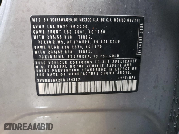 2024 Volkswagen Tiguan SE with VIN 3VVMB7AX2RM184367, listed as a Copart auction lot 50731155 with 2,744 mi miles and Salvage title. Bid and sale history available at DreamBid. Image 13.