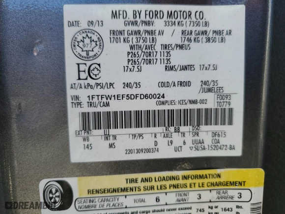 2013 Ford F-150 XL with VIN 1FTFW1EF5DFD60024, listed as a Copart auction lot 48424415 with 134,004 mi miles and Clean Title. Bid and sale history available at carsss.com. Image 12.