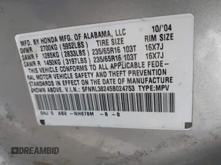 2005 Honda Odyssey LX with VIN 5FNRL38245B024753, listed as a IAAI auction lot 41839673 with 292,563 mi miles. Bid and sale history available at carsss.com. Image 9.