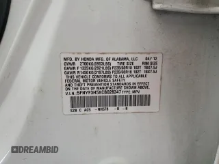 2012 Honda Pilot EX-L with VIN 5FNYF3H5XCB028347, listed as a Copart auction lot 46604945 with 207,003 mi miles and Salvage Title. Bid and sale history available at DreamBid. Image 15.