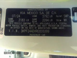 2024 Kia Forte LXS with VIN 3KPF24ADXRE833399, listed as a IAAI auction lot 41327658 with 6,360 mi miles. Bid and sale history available at carsss.com. Image 9.