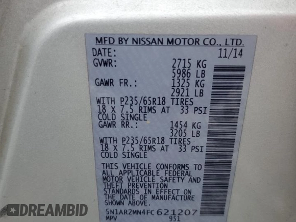2015 Nissan Pathfinder SV z VIN 5N1AR2MN4FC621207, wystawiony jako Copart lot #86732704 z przebiegiem 207 322 mil mil oraz Szkoda całkowita • Salvage title. Historia ofert i sprzedaży dostępna na DreamBid. Obrazek 13.