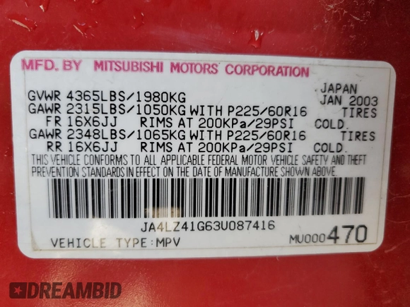 2003 Mitsubishi Outlander XLS z VIN JA4LZ41G63U087416, wystawiony jako Copart lot #43619735 z przebiegiem 239 481 mil mil oraz Szkoda całkowita • Salvage title. Historia ofert i sprzedaży dostępna na DreamBid. Obrazek 13.