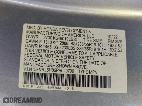 2023 Honda Odyssey Touring with VIN 5FNRL6H86PB020700, listed as a IAAI auction lot 41961098 with 66,512 mi miles and . Bid and sale history available at DreamBid. Image 9.