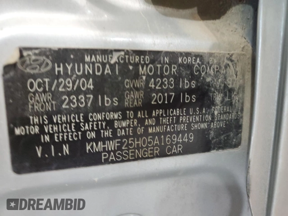 2005 Hyundai Sonata GL with VIN KMHWF25H05A169449, listed as a Copart auction lot 40015383 with 171,927 mi miles and Non Repairable. Bid and sale history available at carsss.com. Image 10.