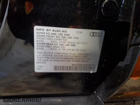 2024 Audi Q5 S line Premium Plus with VIN WA1EAAFYXR2071191, listed as a Copart auction lot 55769805 with 15,356 mi miles and Salvage title. Bid and sale history available at DreamBid. Image 13.