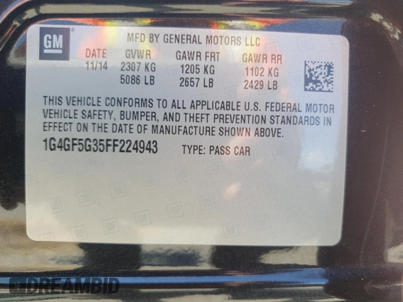 2015 Buick LaCrosse Premium II with VIN 1G4GF5G35FF224943, listed as a Copart auction lot 66377424 with 120,387 mi miles and Salvage Title. Bid and sale history available at DreamBid. Image 13.