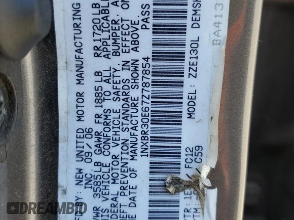 2007 Toyota Corolla CE с VIN 1NXBR30E67Z787854, выставлен на аукционе Copart как лот 59926775 с пробегом 259 652 миль миль и Чистый • Clean title. История ставок и продаж доступна на DreamBid. Изображение 12.