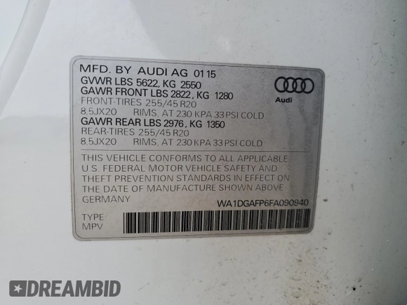 2015 Audi Q5 Premium Plus with VIN WA1DGAFP6FA090940, listed as a Copart auction lot 55791425 with 130,738 mi miles and Salvage title. Bid and sale history available at DreamBid. Image 14.