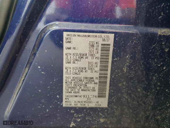 2017 Nissan Pathfinder S with VIN 5N1DR2MM7HC911576, listed as a Copart auction lot 48549975 with 55286 miles and Salvage Title. Bid and sale history available at carsss.com. Image 13.