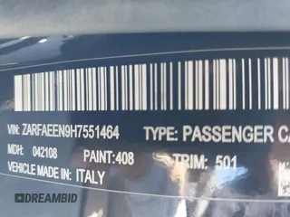 2017 Alfa Romeo Giulia Ti with VIN ZARFAEEN9H7551464, listed as a IAAI auction lot 41726121 with 68,654 mi miles. Bid and sale history available at carsss.com. Image 9.