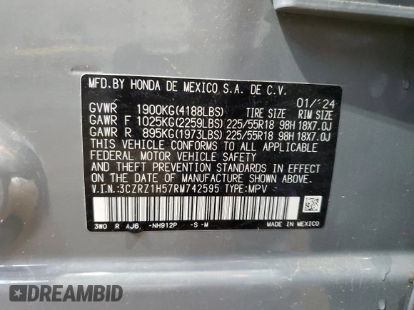 2024 Honda HR-V Sport с VIN 3CZRZ1H57RM742595, выставлен на аукционе Copart как лот 60568915 с пробегом 7 751 миль миль и Списание • Salvage title. История ставок и продаж доступна на DreamBid. Изображение 14.