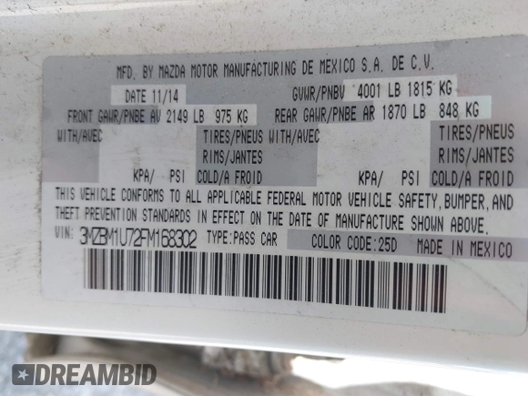 2015 Mazda 3 i Sport z VIN 3MZBM1U72FM168302, wystawiony jako IAAI lot #42331347 z przebiegiem 122 801 mil mil oraz . Historia ofert i sprzedaży dostępna na DreamBid. Obrazek 9.