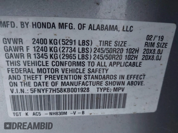 2019 Honda Passport EX-L with VIN 5FNYF7H58KB001928, listed as a IAAI auction lot 41862168 with 102,743 mi miles and . Bid and sale history available at carsss.com. Image 9.