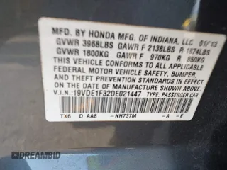 2013 Acura ILX with VIN 19VDE1F32DE021447, listed as a IAAI auction lot 41730382 with 165,223 mi miles. Bid and sale history available at carsss.com. Image 9.