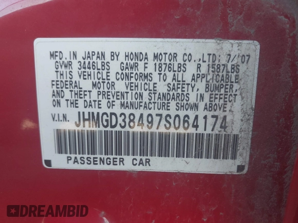 2007 Honda Fit with VIN JHMGD38497S064174, listed as a IAAI auction lot 42038262 with 74,580 mi miles. Bid and sale history available at carsss.com. Image 9.