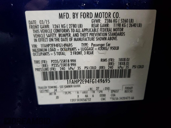 2015 Ford Taurus SEL with VIN 1FAHP2E94FG149695, listed as a Copart auction lot 65609184 with 126,803 mi miles and Salvage Title. Bid and sale history available at DreamBid. Image 13.