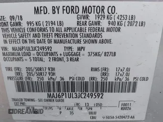 2018 Ford EcoSport SE with VIN MAJ6P1UL3JC249592, listed as a IAAI auction lot 41975652 with 34,360 mi miles. Bid and sale history available at carsss.com. Image 9.
