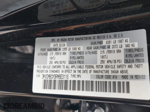 2024 Mazda CX-30 S Preferred z VIN 3MVDMBCM3RM663118, wystawiony jako IAAI lot #42336540 z przebiegiem 11 096 mil mil oraz . Historia ofert i sprzedaży dostępna na DreamBid. Obrazek 9.