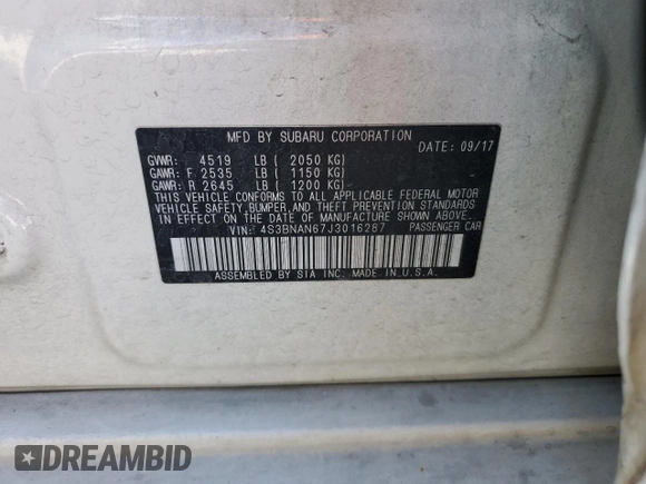 2018 Subaru Legacy Limited with VIN 4S3BNAN67J3016287, listed as a Copart auction lot 54952825 with Not provided miles and Salvage title. Bid and sale history available at DreamBid. Image 12.