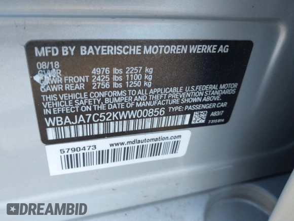 2019 BMW 5 Series 530i xDrive с VIN WBAJA7C52KWW00856, выставлен на аукционе IAAI как лот 41991300 с пробегом 81 487 миль миль и . История ставок и продаж доступна на DreamBid. Изображение 9.