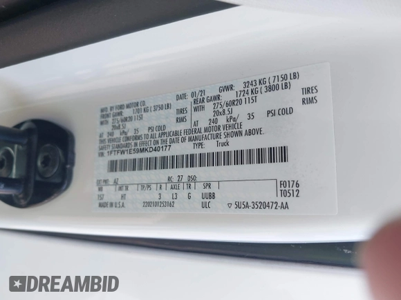 2021 Ford F-150 XL with VIN 1FTFW1E59MKD40177, listed as a IAAI auction lot 42637266 with 202,366 mi miles and . Bid and sale history available at DreamBid. Image 9.